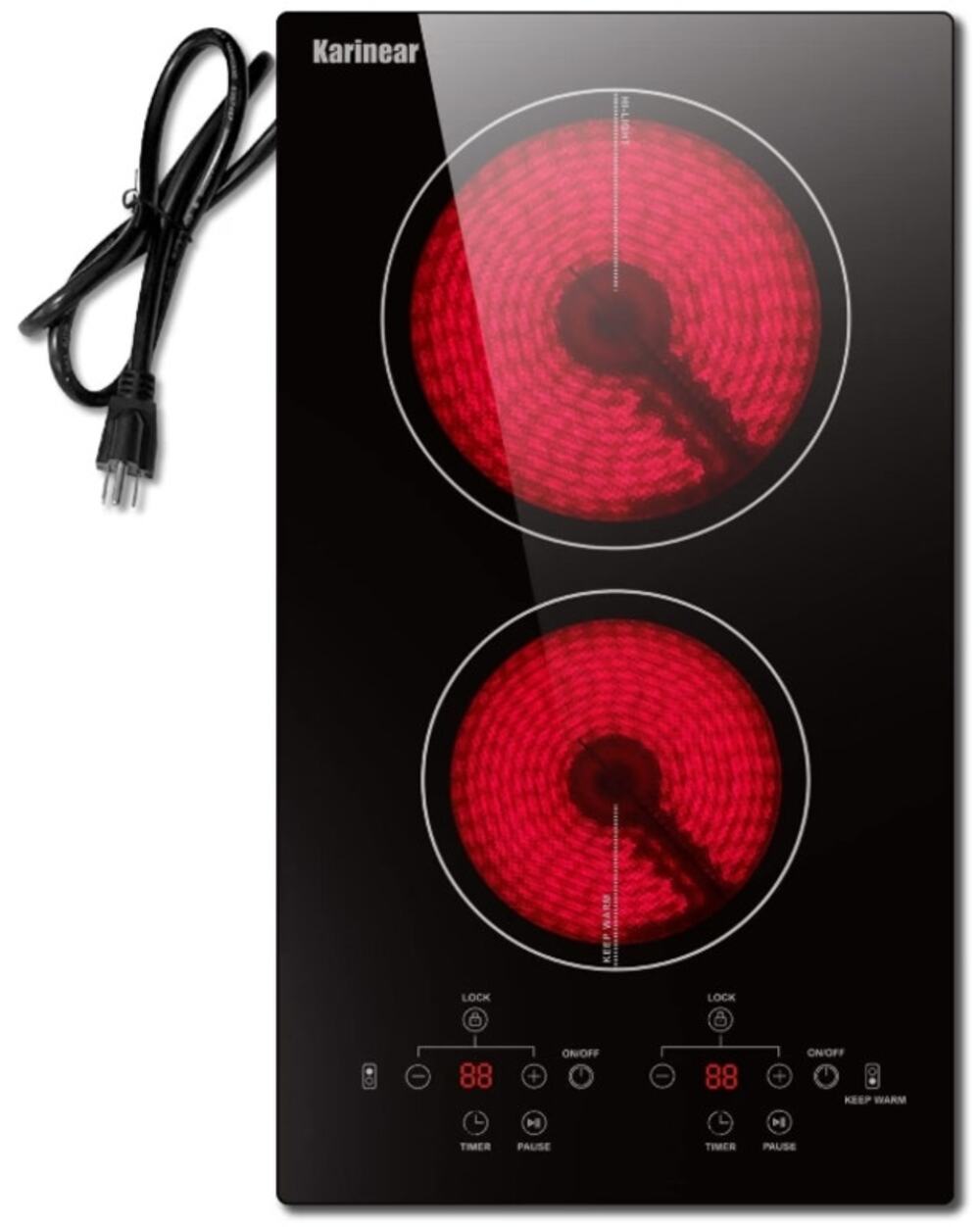 Karinear 12" 2 Burner Electric Ceramic Cooktop 110V Plug-In Touch Control